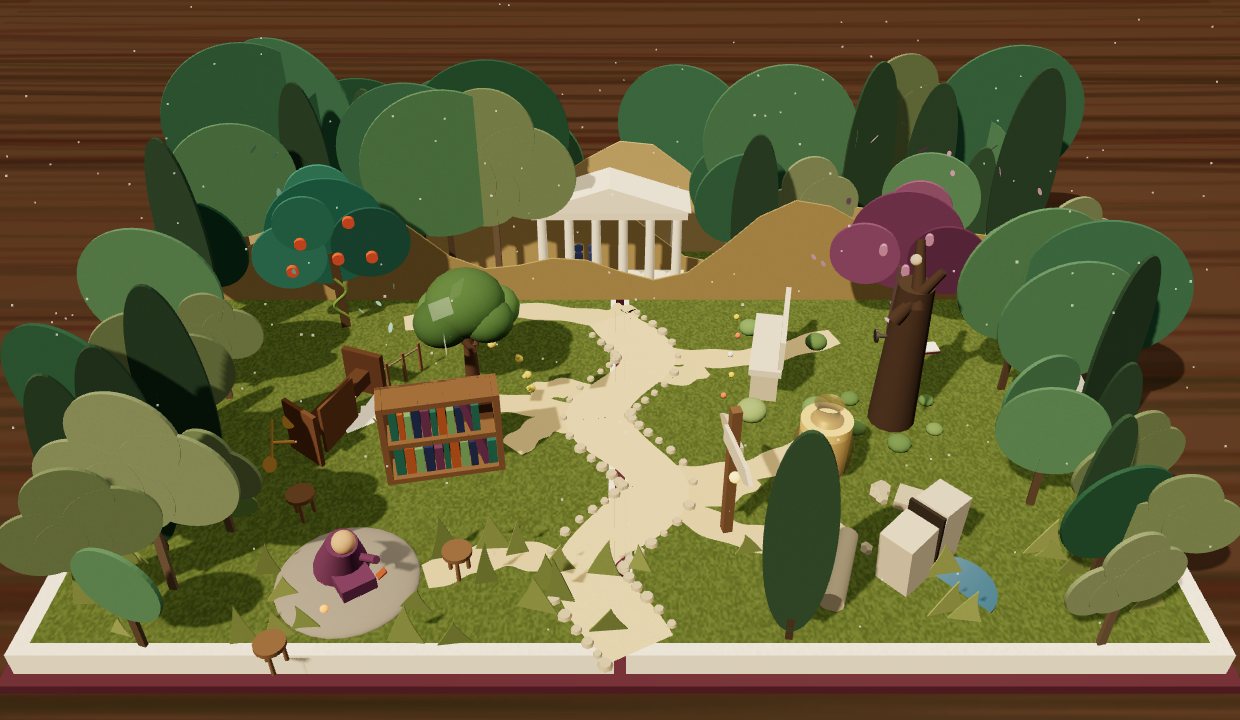 Un livre animé ouvert : un jardin de papier, avec ses arbres, un temple, une bibliothèque, un chemin qui serpente